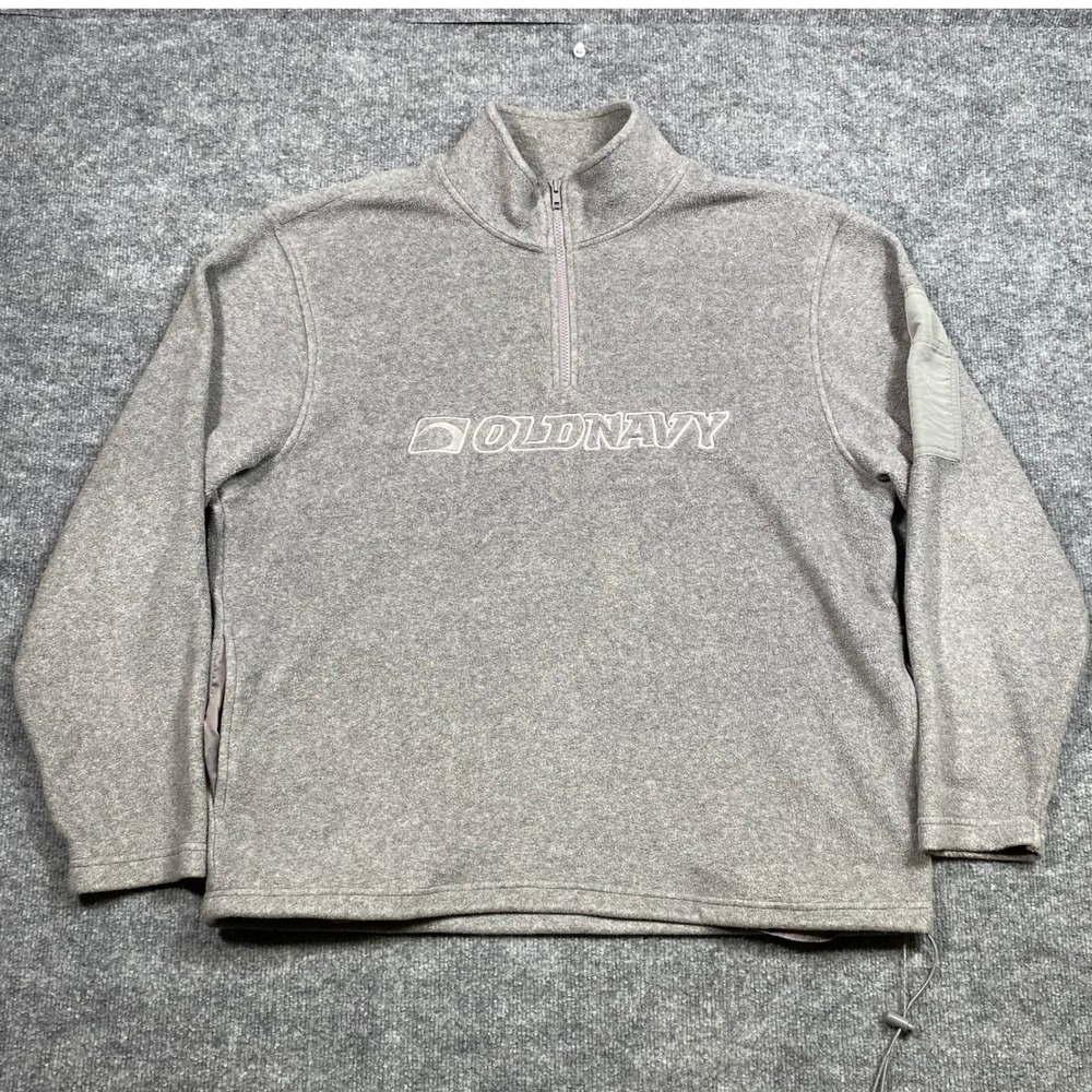 Old Navy Mens Large Quarter Zip Fleece Pullover Heather Grey Logo Sleeve Pocket